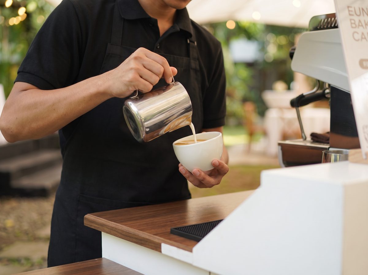 A barista pouring milk into a cup at the cart